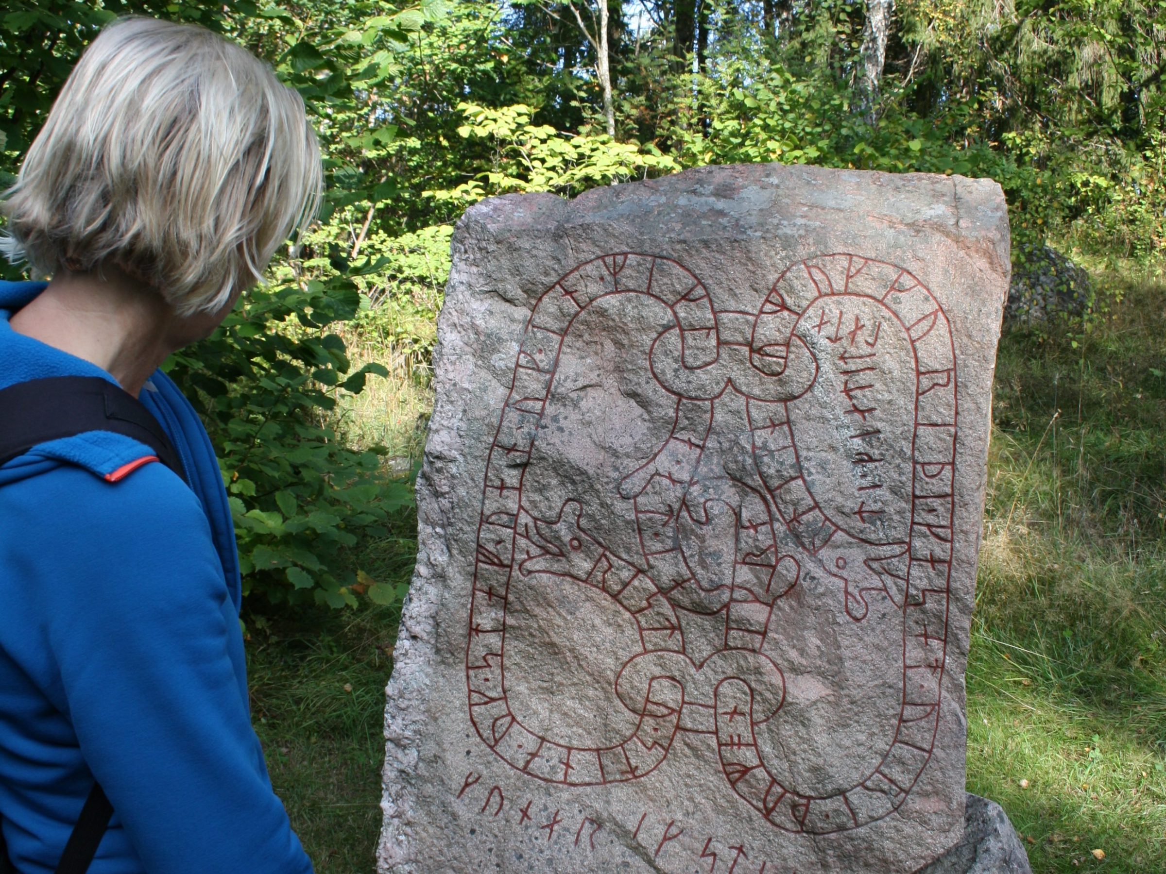 Person in blue jacket observes a stone with runic inscriptions in a forest setting.