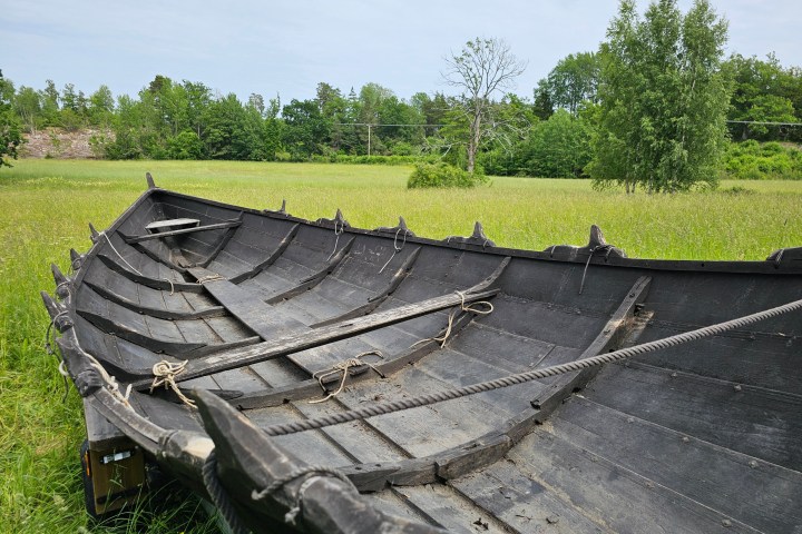 Old wooden boat on grassy field with trees in background.